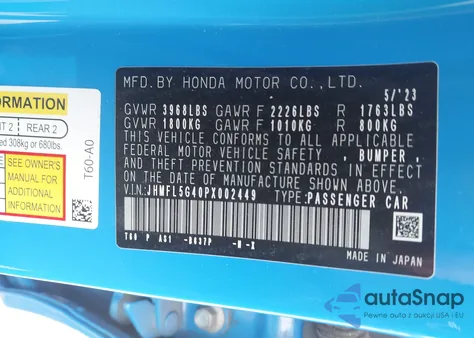 2023 Honda Civic Type R Touring z USA, uszkodzony, nr VIN JHMFL5G40PX002449